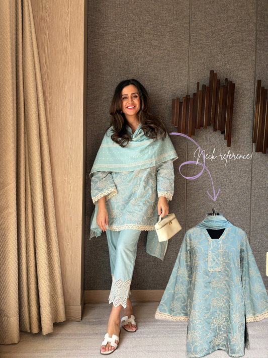 Sky Blue Embroidered Cotton Suit Set