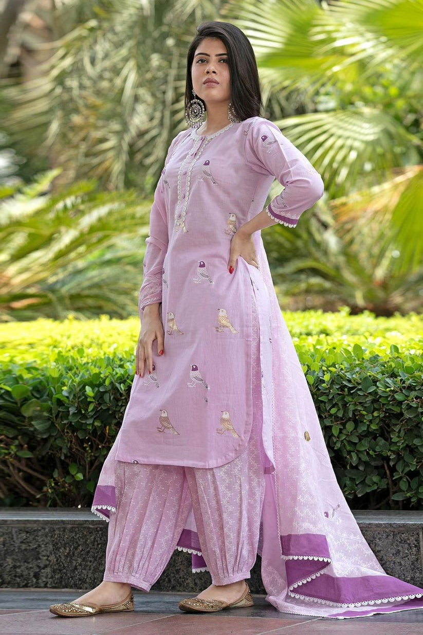 Kurta Lavender Bird Motif Cotton Kurti Set