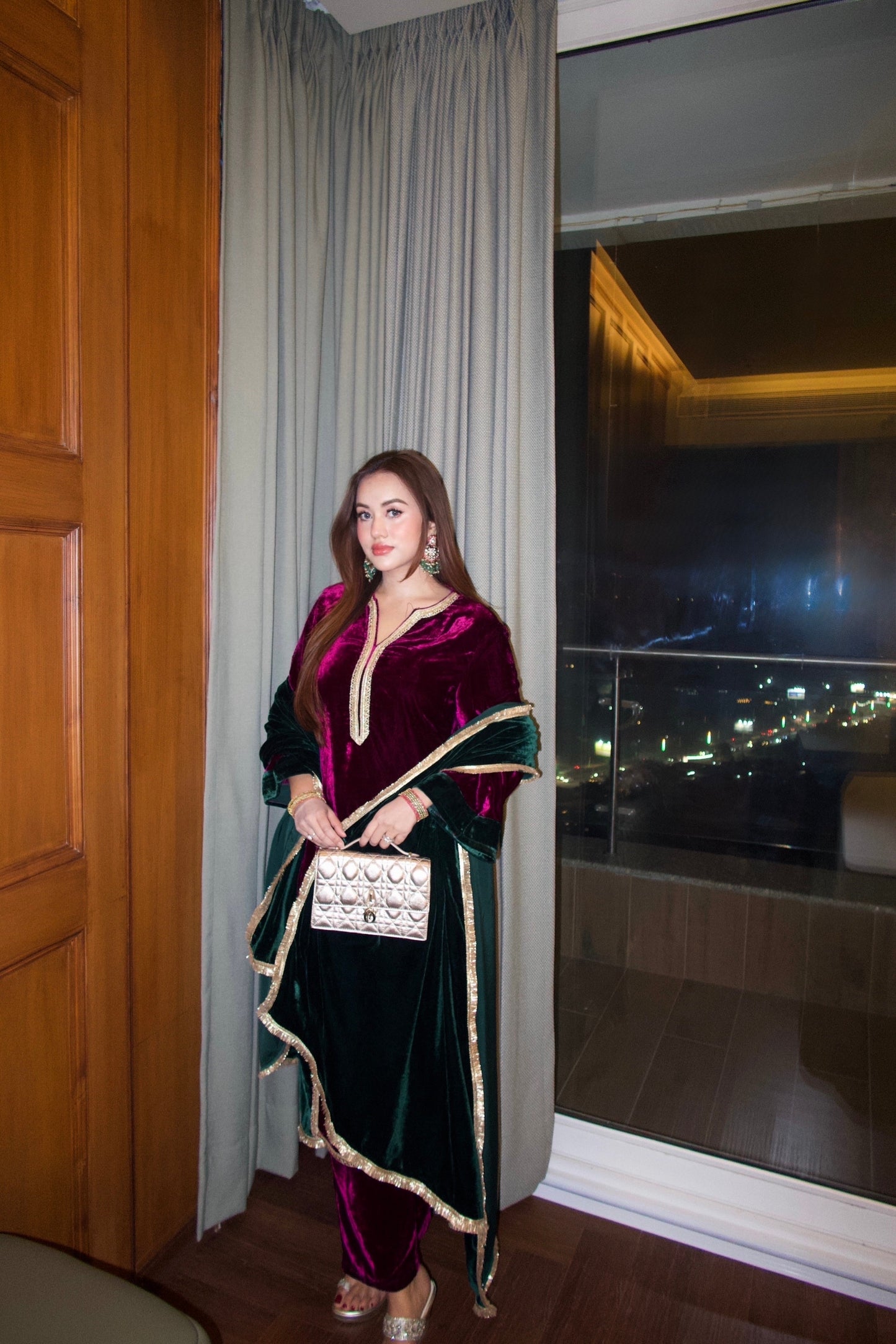 Burgundy Velvet Combination Suit Set