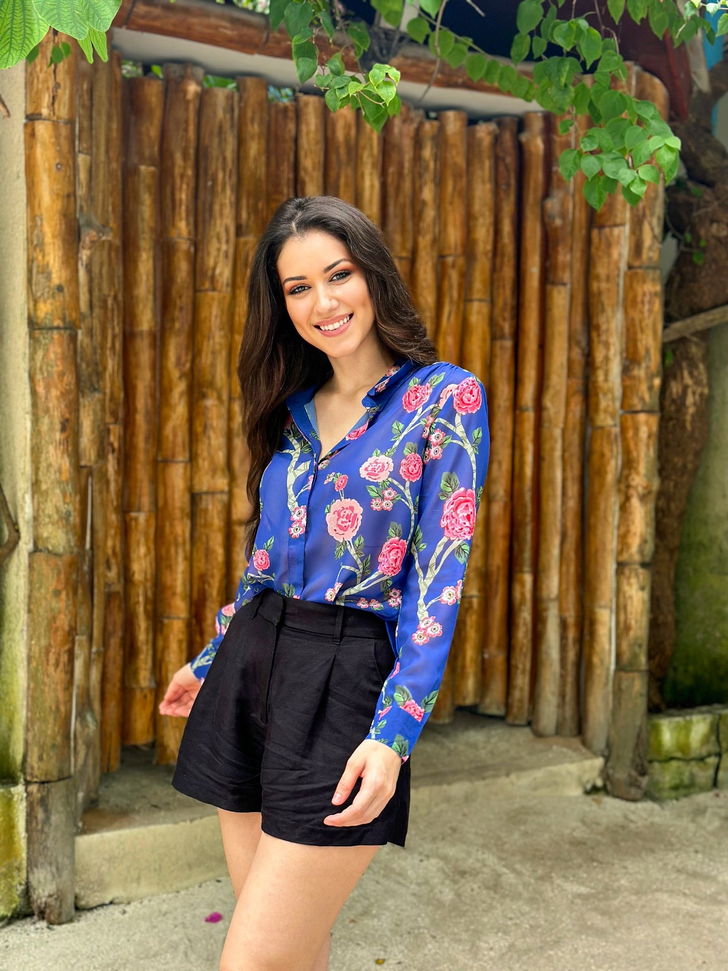 Emerald Blue Floral Print Shirt