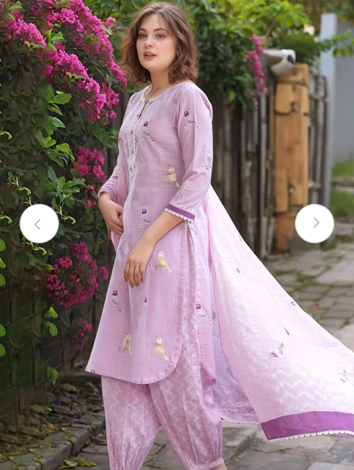Kurta Lavender Bird Motif Cotton Kurti Set
