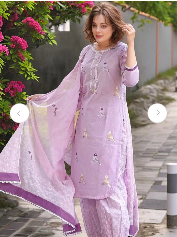 Kurta Lavender Bird Motif Cotton Kurti Set