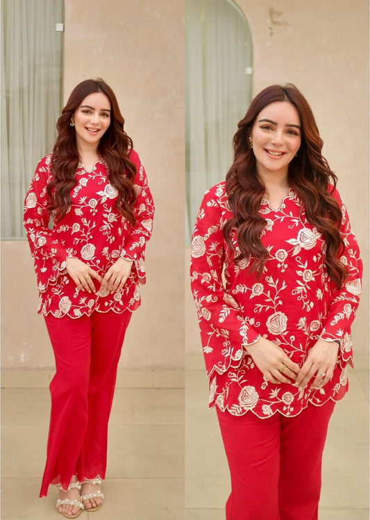 Red Embroidered Coord Set