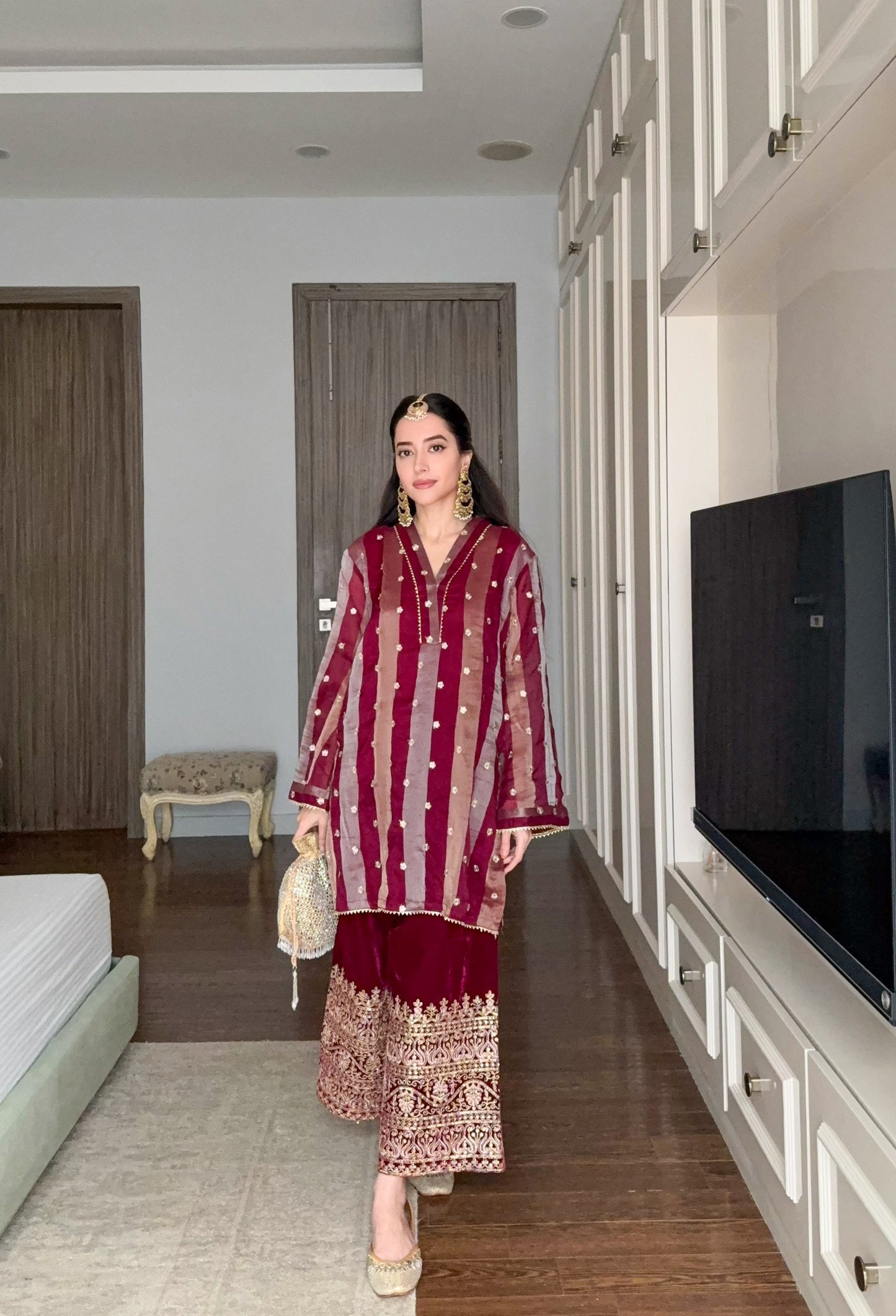 Wine Stripes Kurta with Velvet Pants