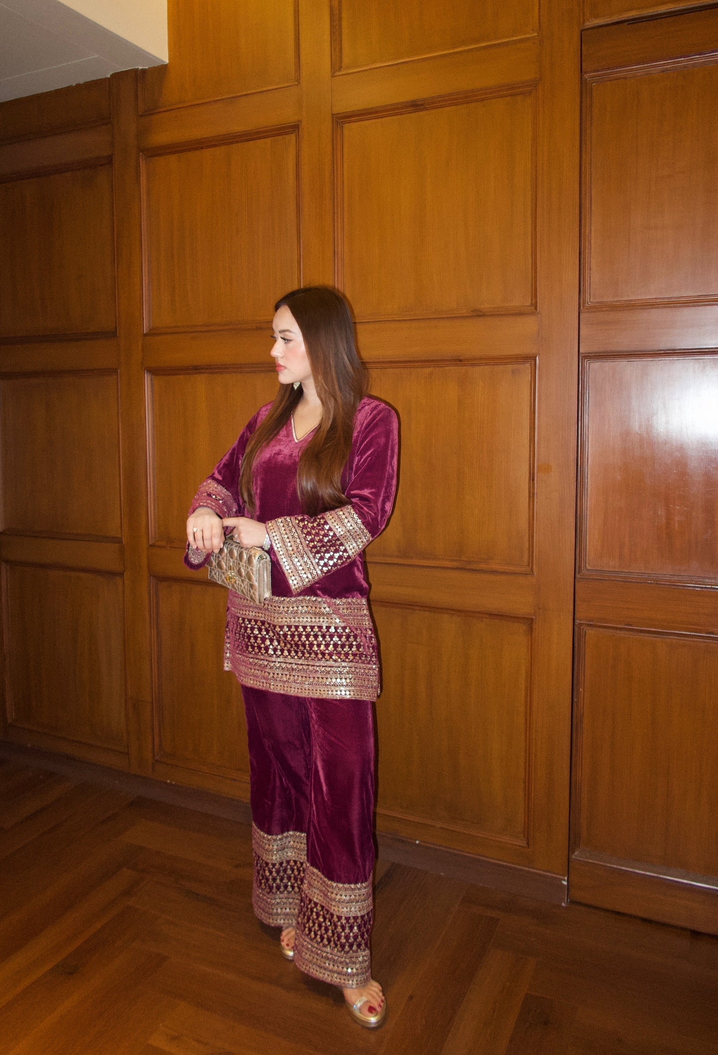 Burgundy Velvet Embroidered Coord Set