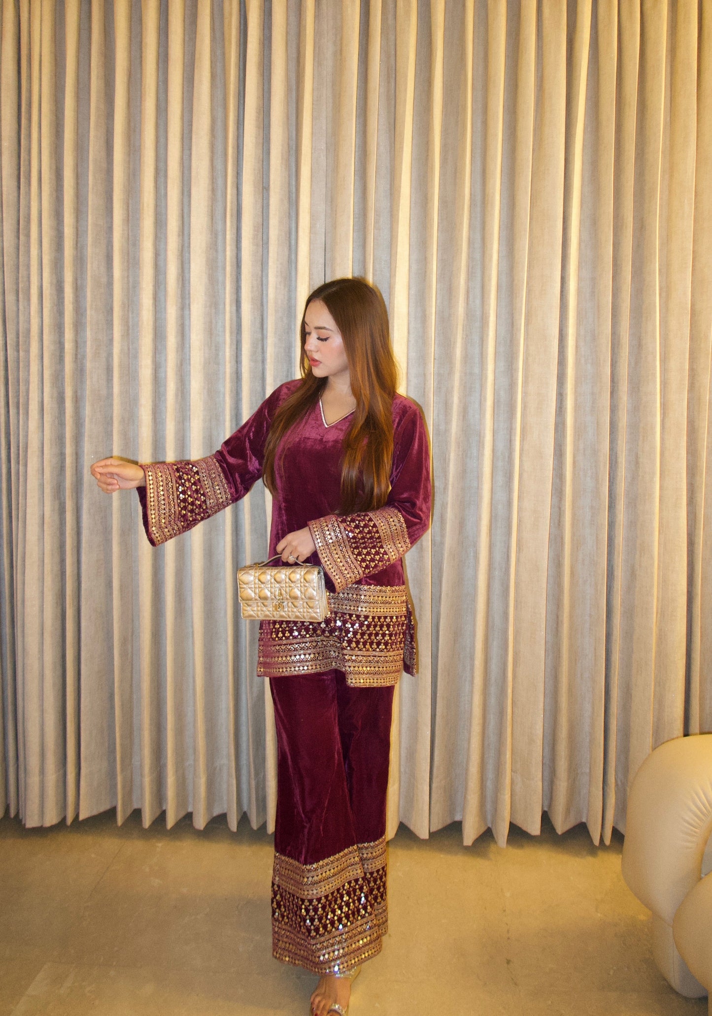 Burgundy Velvet Embroidered Coord Set