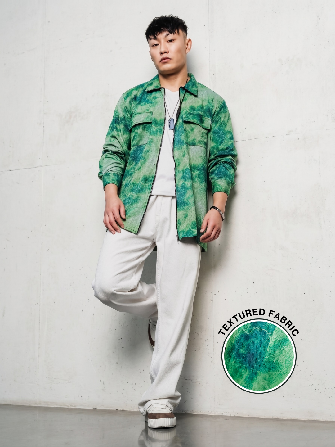 Grey & Green Abstract Printed Drop-Shoulder Relaxed Fit Shirt Zipper Shirt