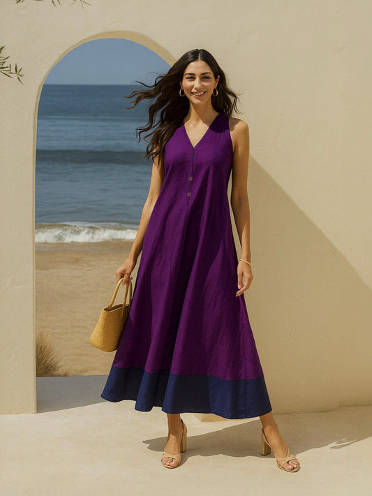 Cotton Colourblock A-Line Dress - Purple & Navy Blue