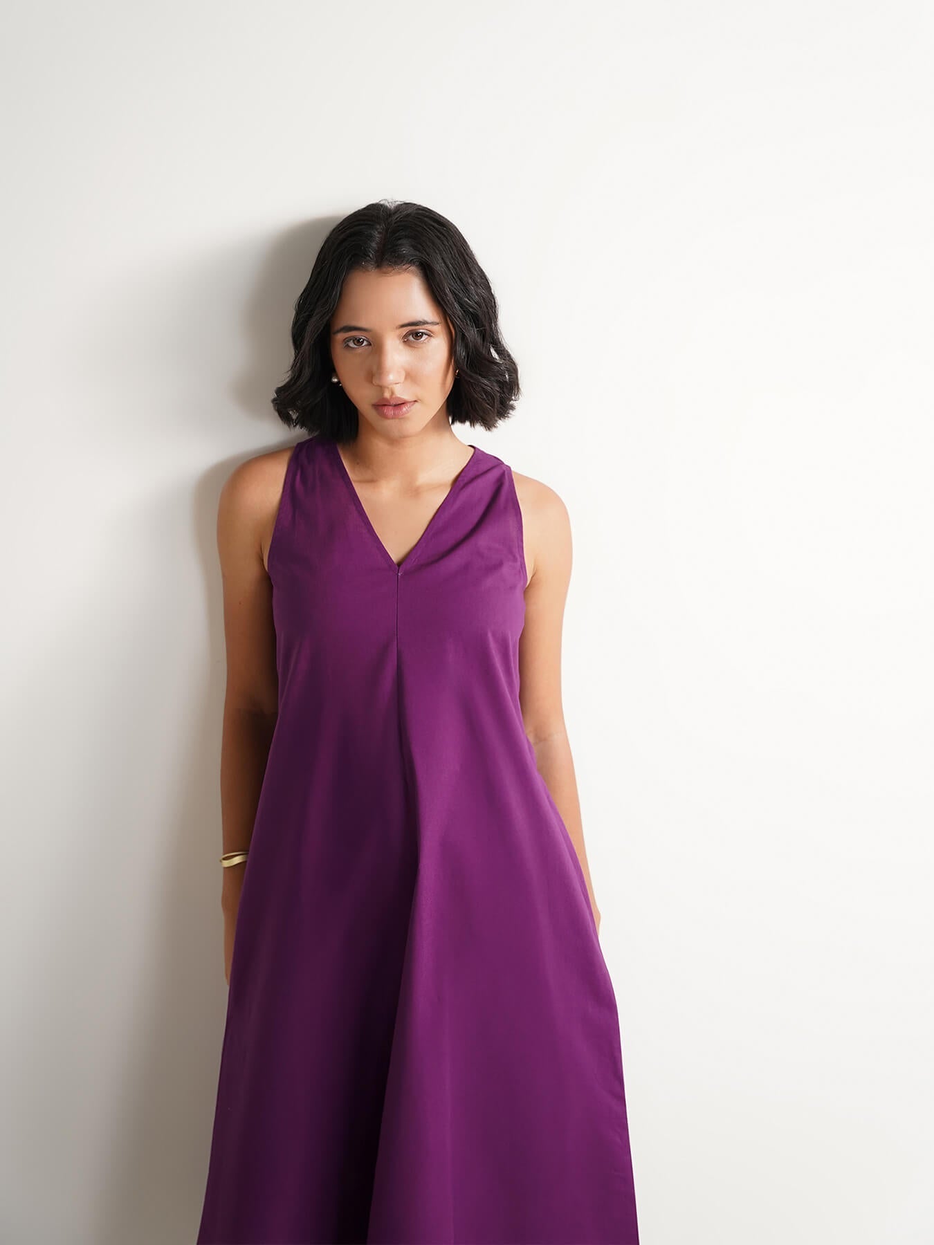 Cotton Colourblock A-Line Dress - Purple & Navy Blue