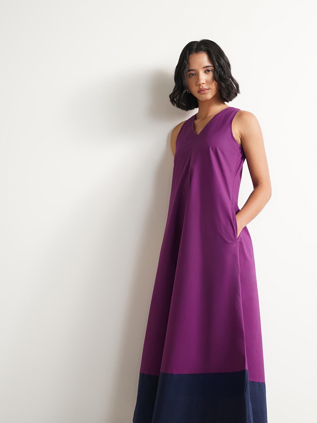 Cotton Colourblock A-Line Dress - Purple & Navy Blue