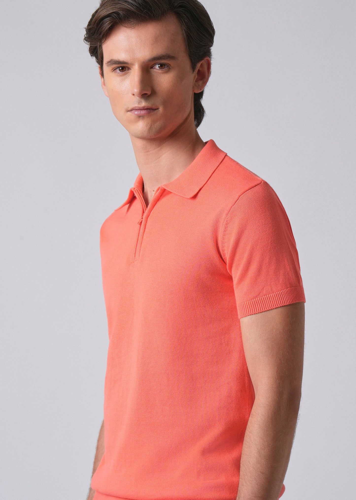 Peach Knitted Polo Zipper T-shirt