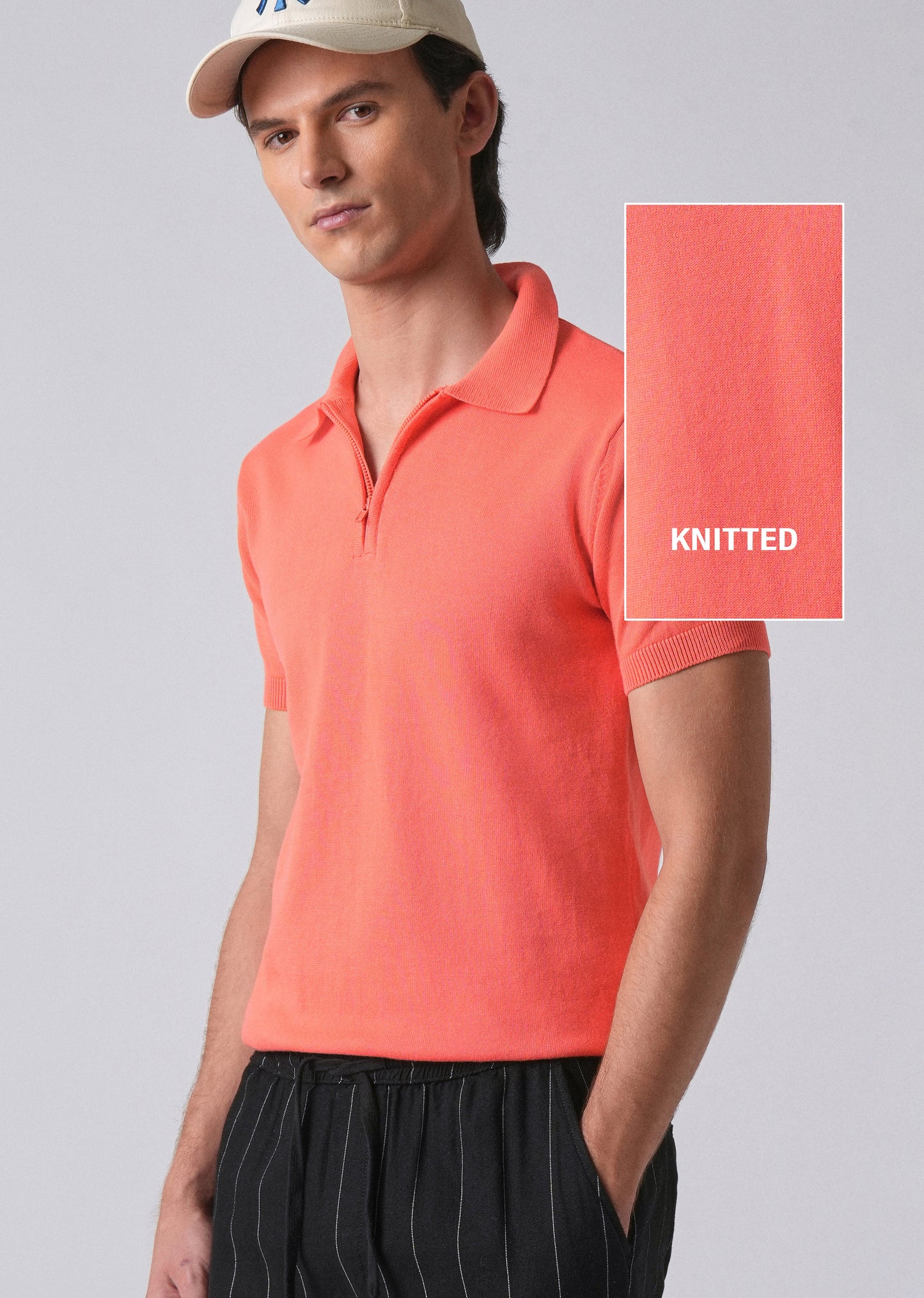 Peach Knitted Polo Zipper T-shirt