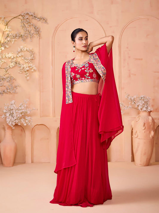 Madhuram Pink Embroidered Georgette Lehenga & Crop Top Set with Shrug | M-2515
