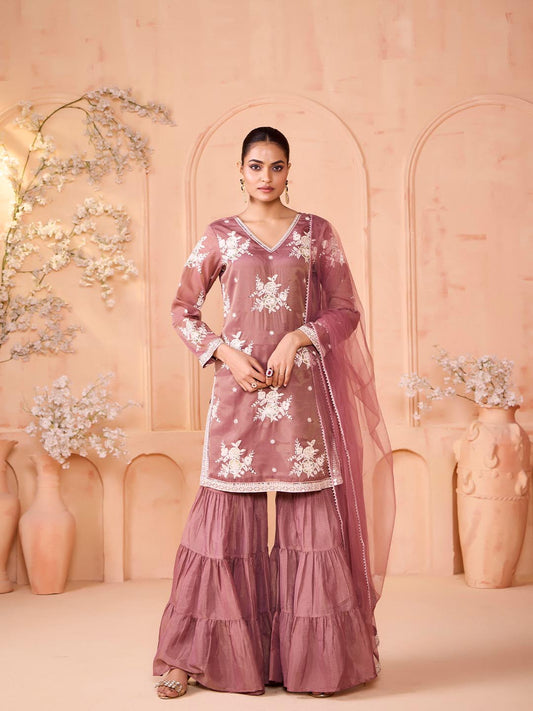 Madhuram Embroidered Georgette Kurti Sharara Set with Dupatta – Festive Ethnic Wear for Women