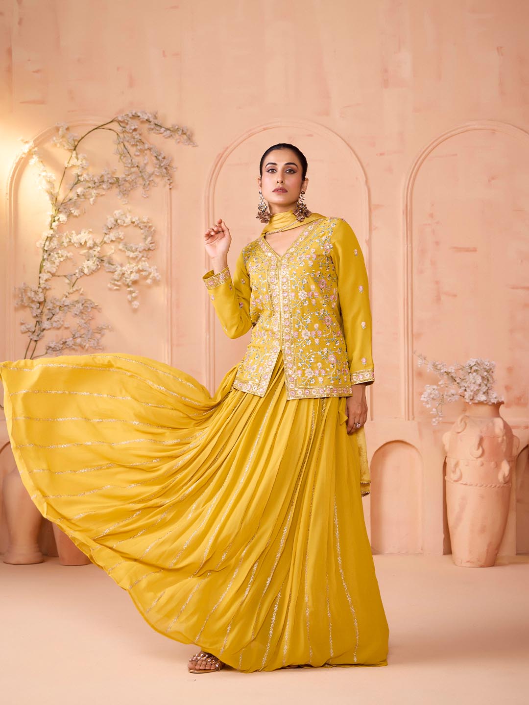 Madhuram Yellow Embroidered Georgette Kurti Skirt Dupatta Set for Women | Festive Partywear Ethnic Suit | M-2511
