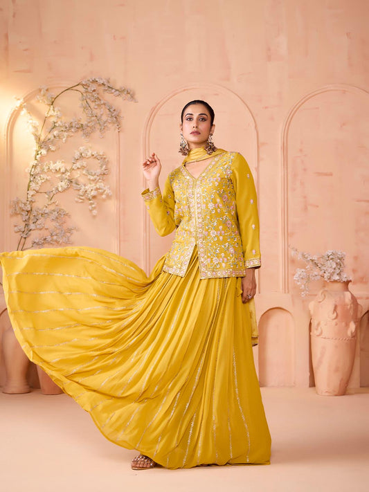 Madhuram Yellow Embroidered Georgette Kurti Skirt Dupatta Set for Women | Festive Partywear Ethnic Suit | M-2511