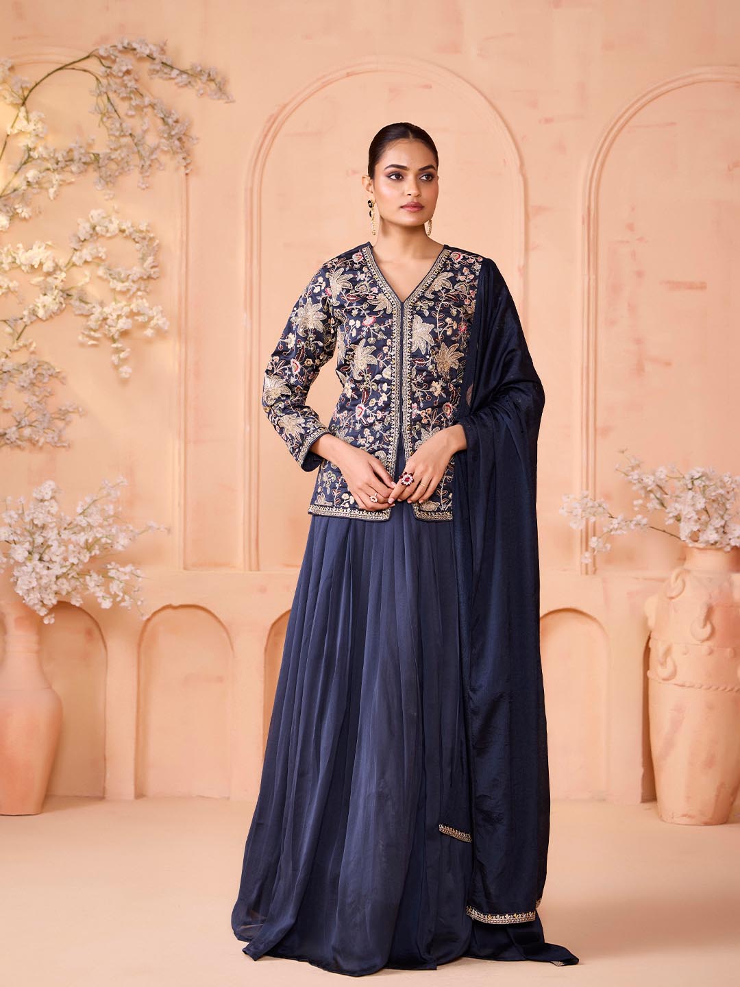 Madhuram Women’s Embroidered Silk Kurta Skirt Set with Dupatta – Navy Blue | M-2519