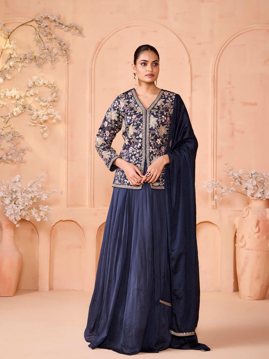 Madhuram Women’s Embroidered Silk Kurta Skirt Set with Dupatta – Navy Blue | M-2519
