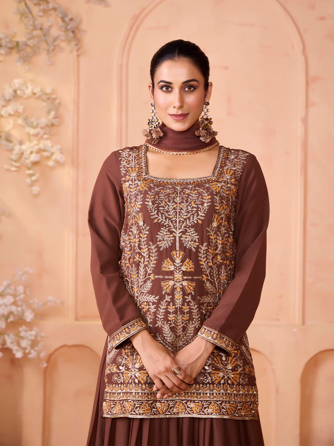 Women Pure Silk Embroidered Top Skirt Dupatta Set