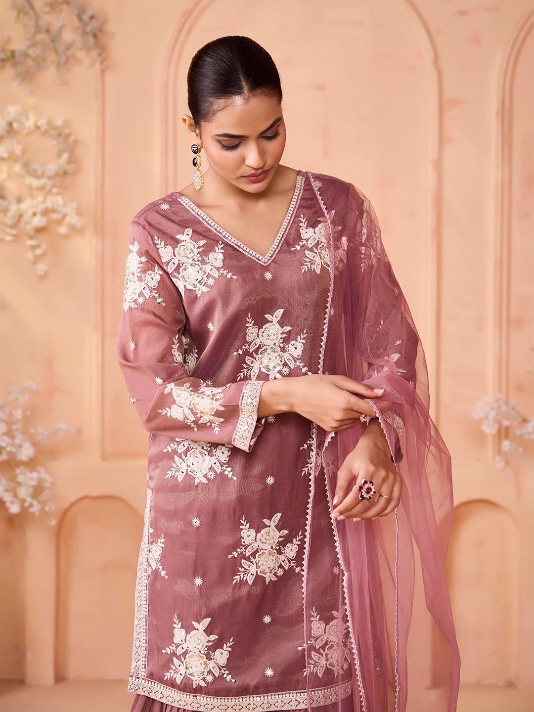 Madhuram Embroidered Georgette Kurti Sharara Set with Dupatta – Festive Ethnic Wear for Women