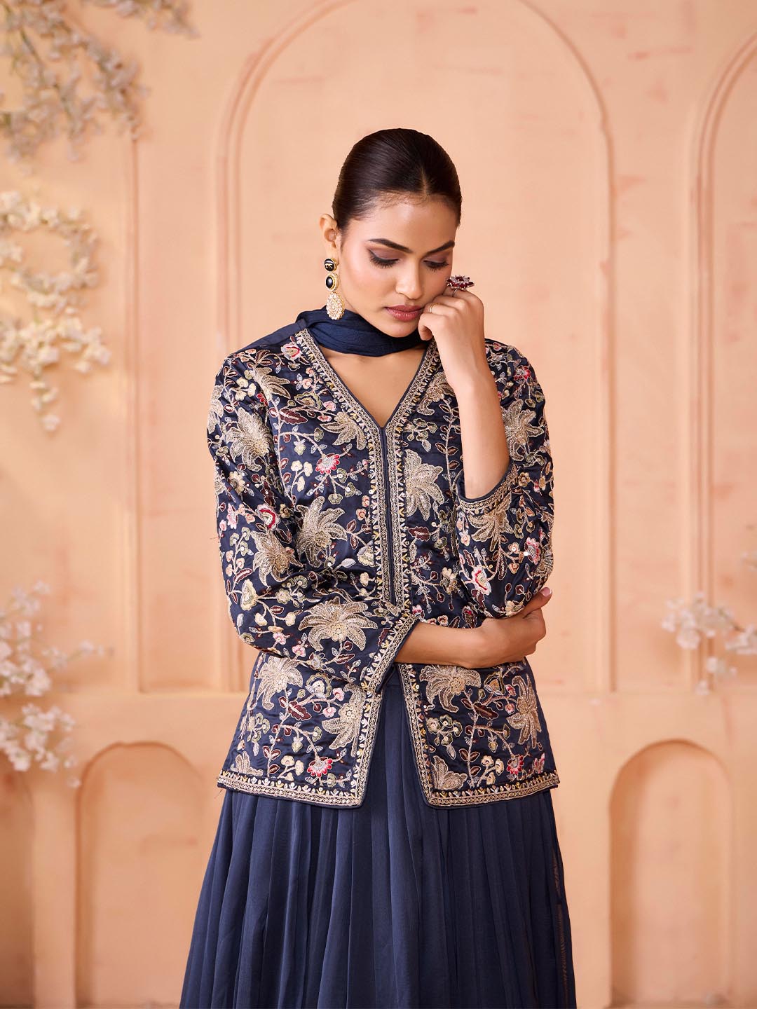 Madhuram Women’s Embroidered Silk Kurta Skirt Set with Dupatta – Navy Blue | M-2519
