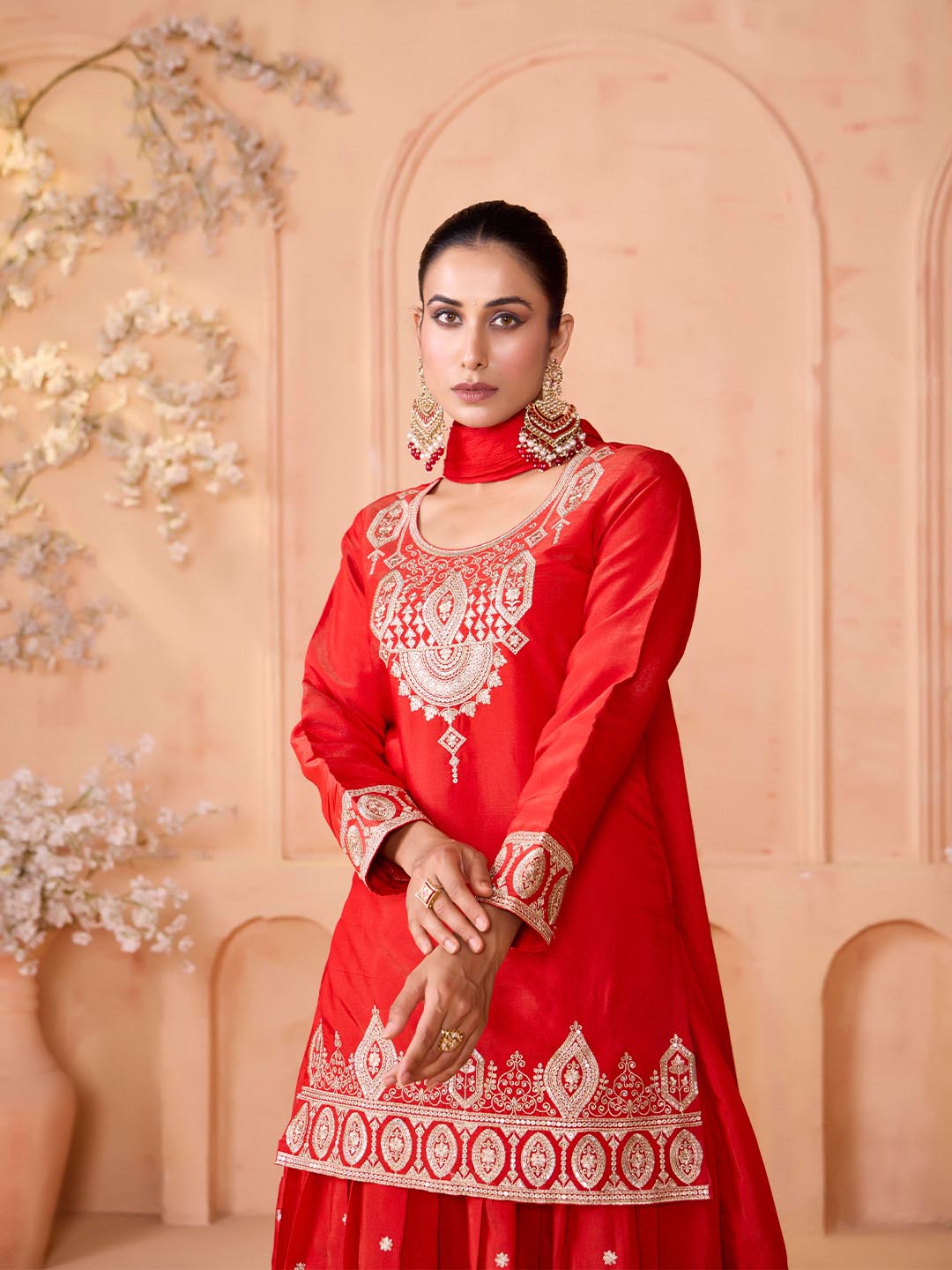 Madhuram Red Embroidered Georgette Kurti Skirt Dupatta Set for Women | Festive & Party Wear | V-Neck Straight Kurta Set