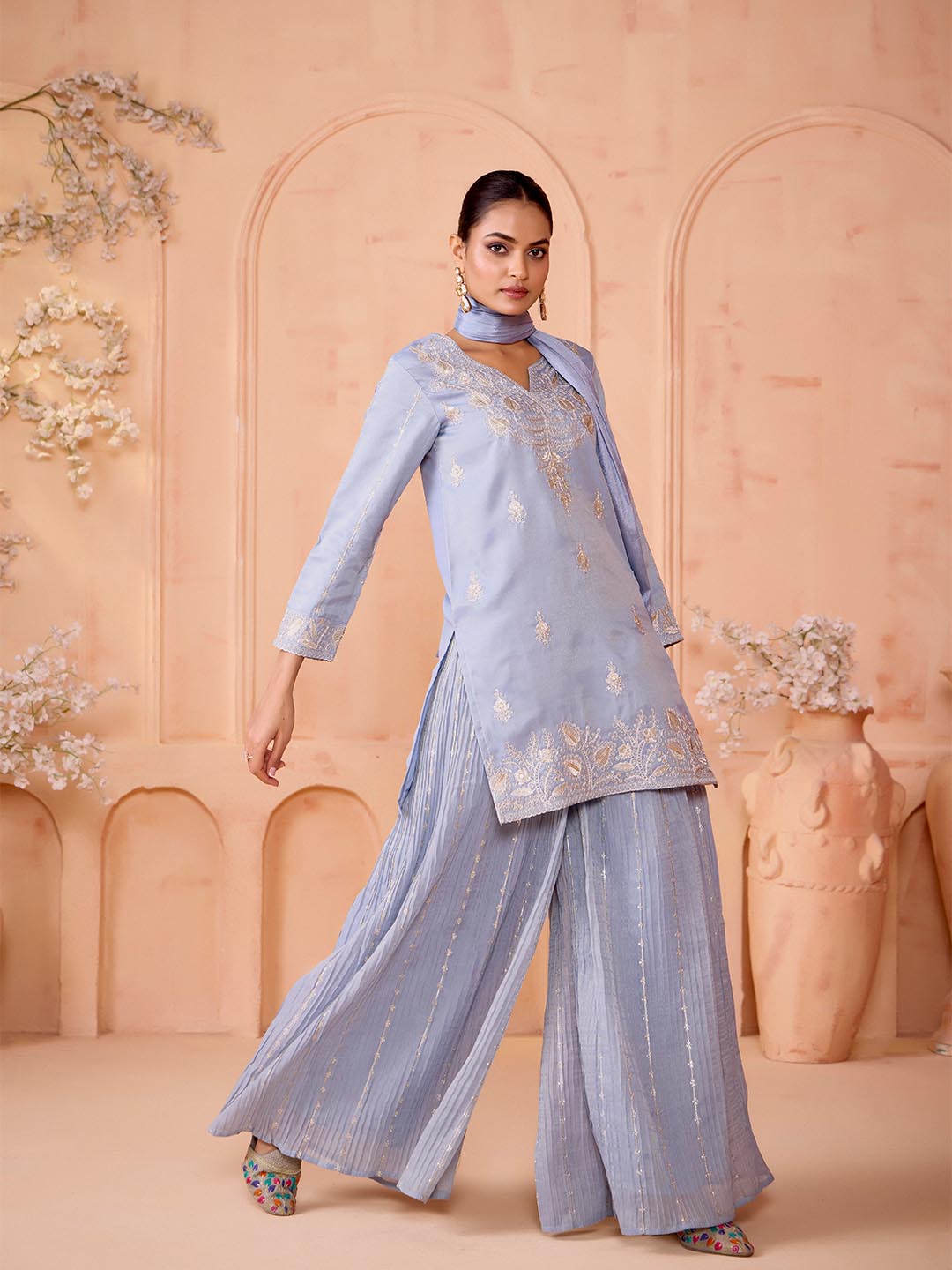 Elegant Georgette Kurti Palazzo Dupatta Set for Women – Festive & Party Wear