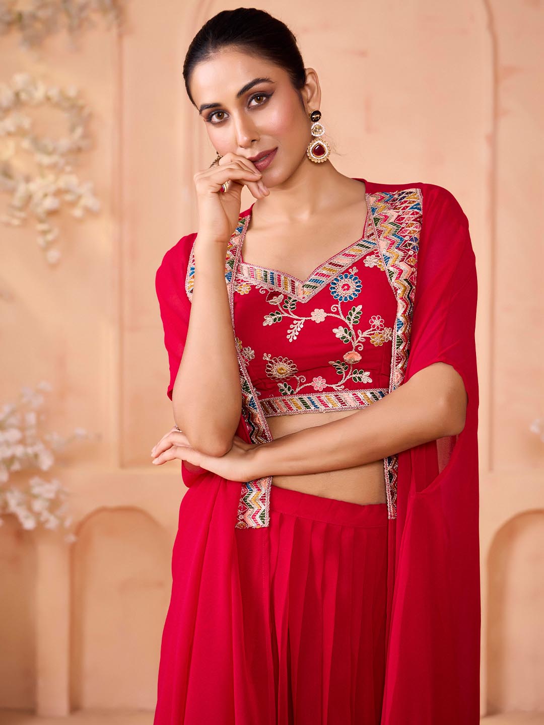 Madhuram Pink Embroidered Georgette Lehenga & Crop Top Set with Shrug | M-2515