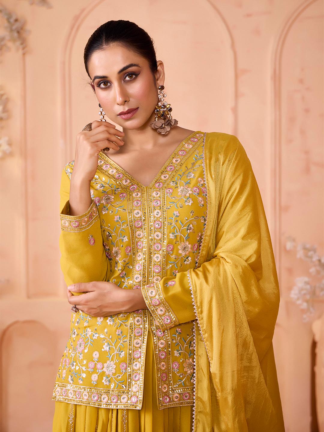 Madhuram Yellow Embroidered Georgette Kurti Skirt Dupatta Set for Women | Festive Partywear Ethnic Suit | M-2511