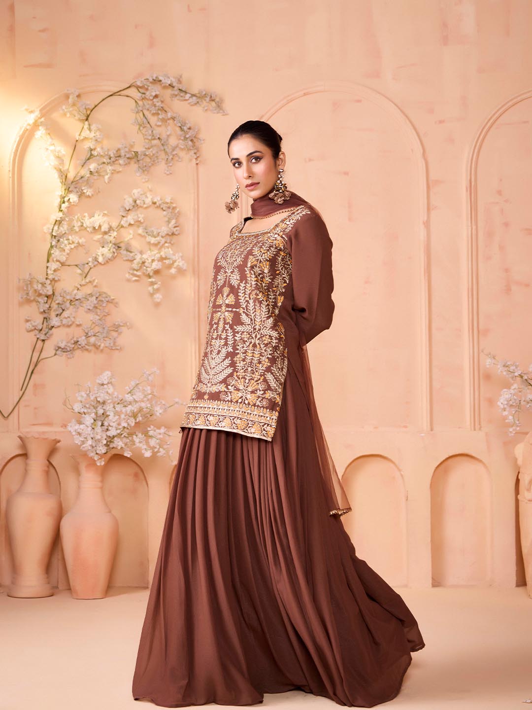 Women Pure Silk Embroidered Top Skirt Dupatta Set
