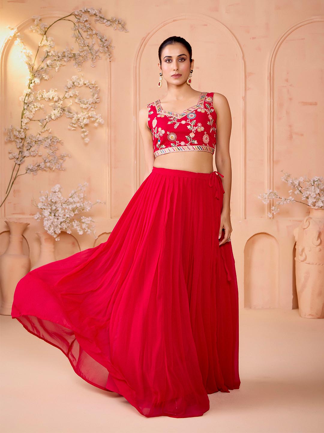Madhuram Pink Embroidered Georgette Lehenga & Crop Top Set with Shrug | M-2515