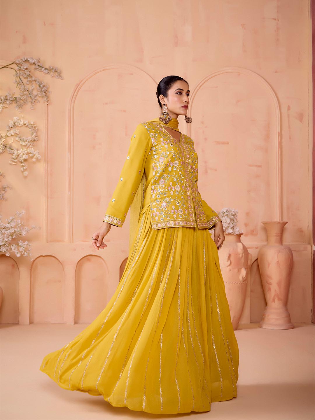 Madhuram Yellow Embroidered Georgette Kurti Skirt Dupatta Set for Women | Festive Partywear Ethnic Suit | M-2511