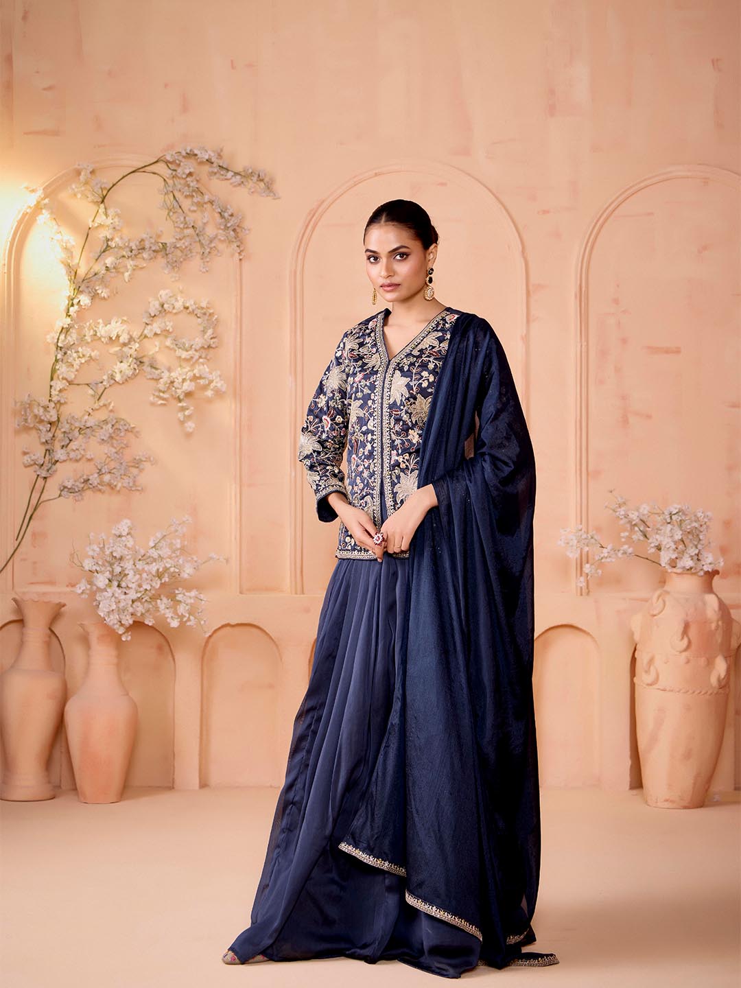 Madhuram Women’s Embroidered Silk Kurta Skirt Set with Dupatta – Navy Blue | M-2519
