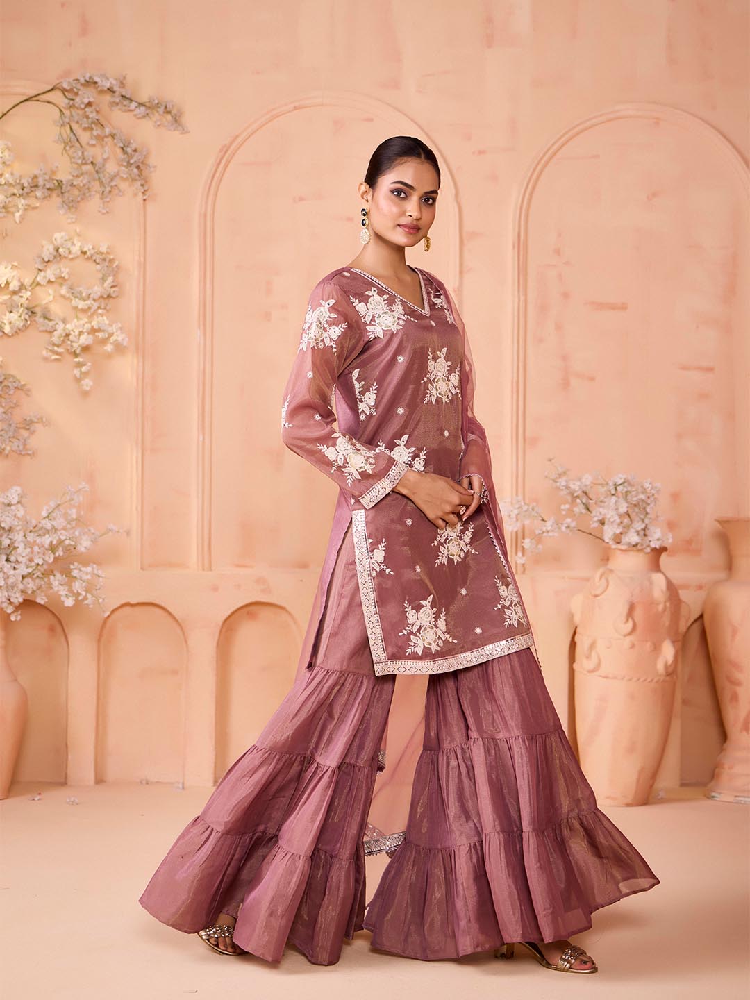Madhuram Embroidered Georgette Kurti Sharara Set with Dupatta – Festive Ethnic Wear for Women