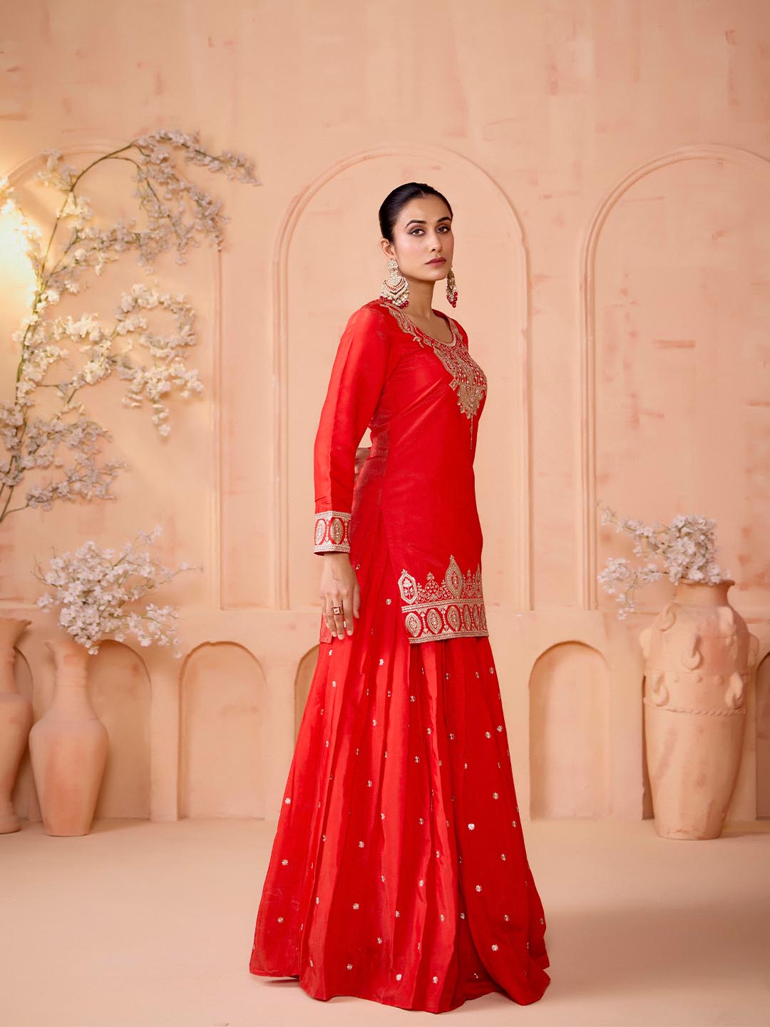 Madhuram Red Embroidered Georgette Kurti Skirt Dupatta Set for Women | Festive & Party Wear | V-Neck Straight Kurta Set