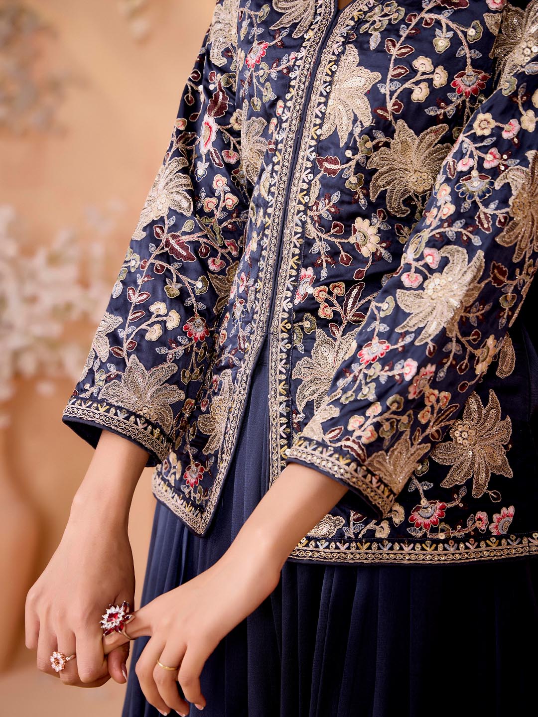 Madhuram Women’s Embroidered Silk Kurta Skirt Set with Dupatta – Navy Blue | M-2519