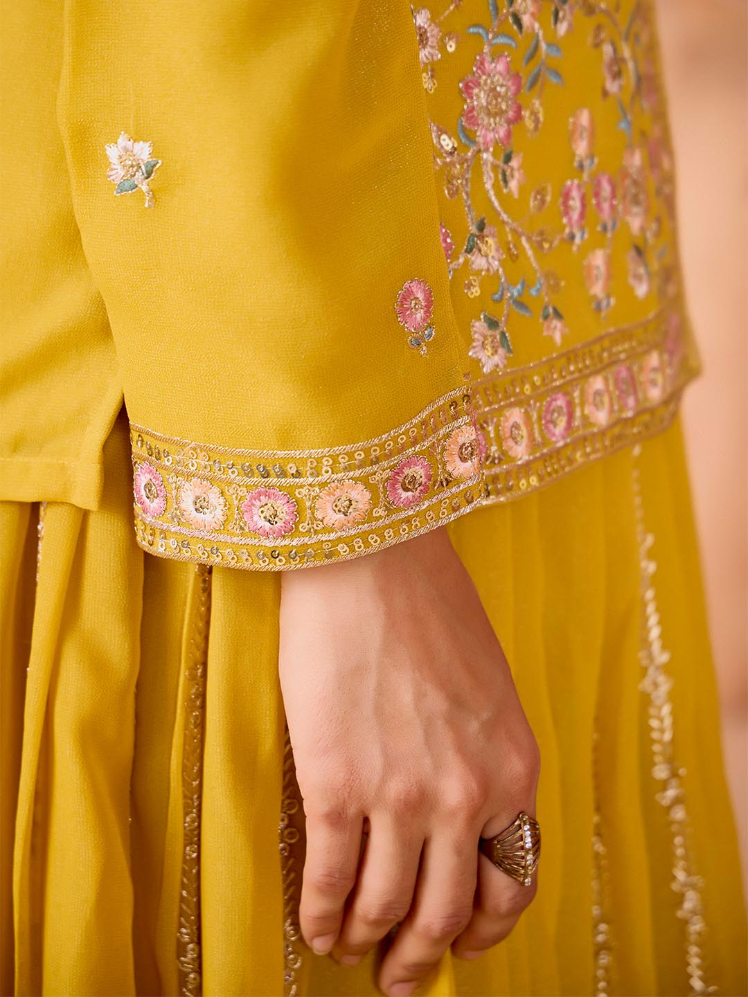 Madhuram Yellow Embroidered Georgette Kurti Skirt Dupatta Set for Women | Festive Partywear Ethnic Suit | M-2511