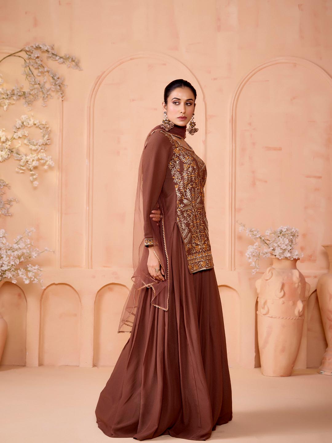 Women Pure Silk Embroidered Top Skirt Dupatta Set