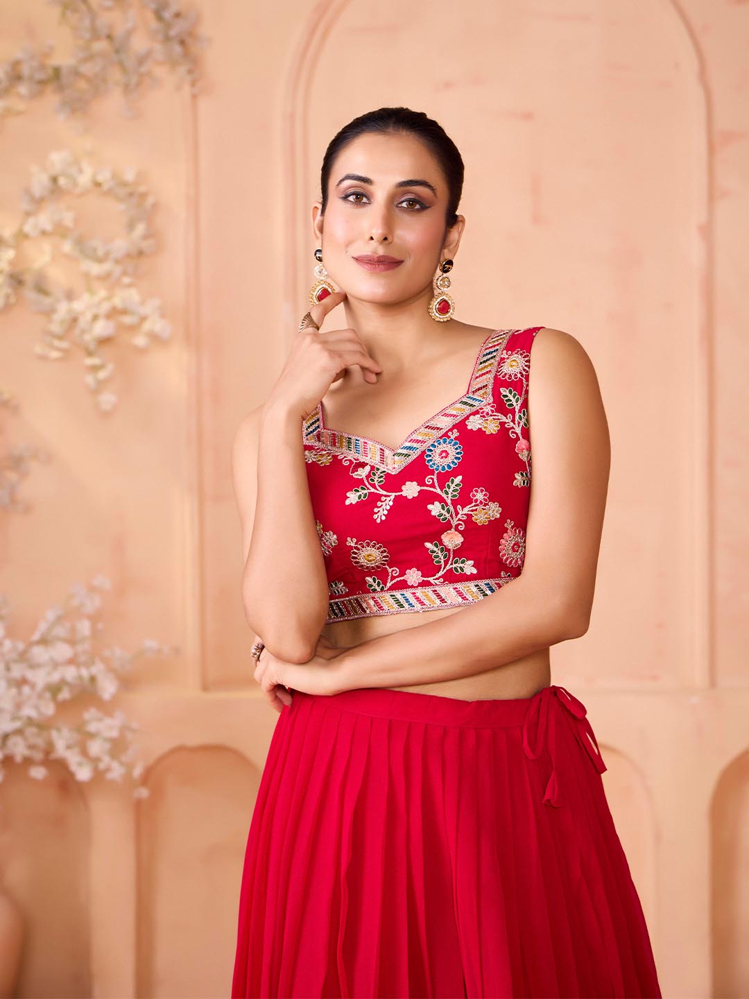 Madhuram Pink Embroidered Georgette Lehenga & Crop Top Set with Shrug | M-2515