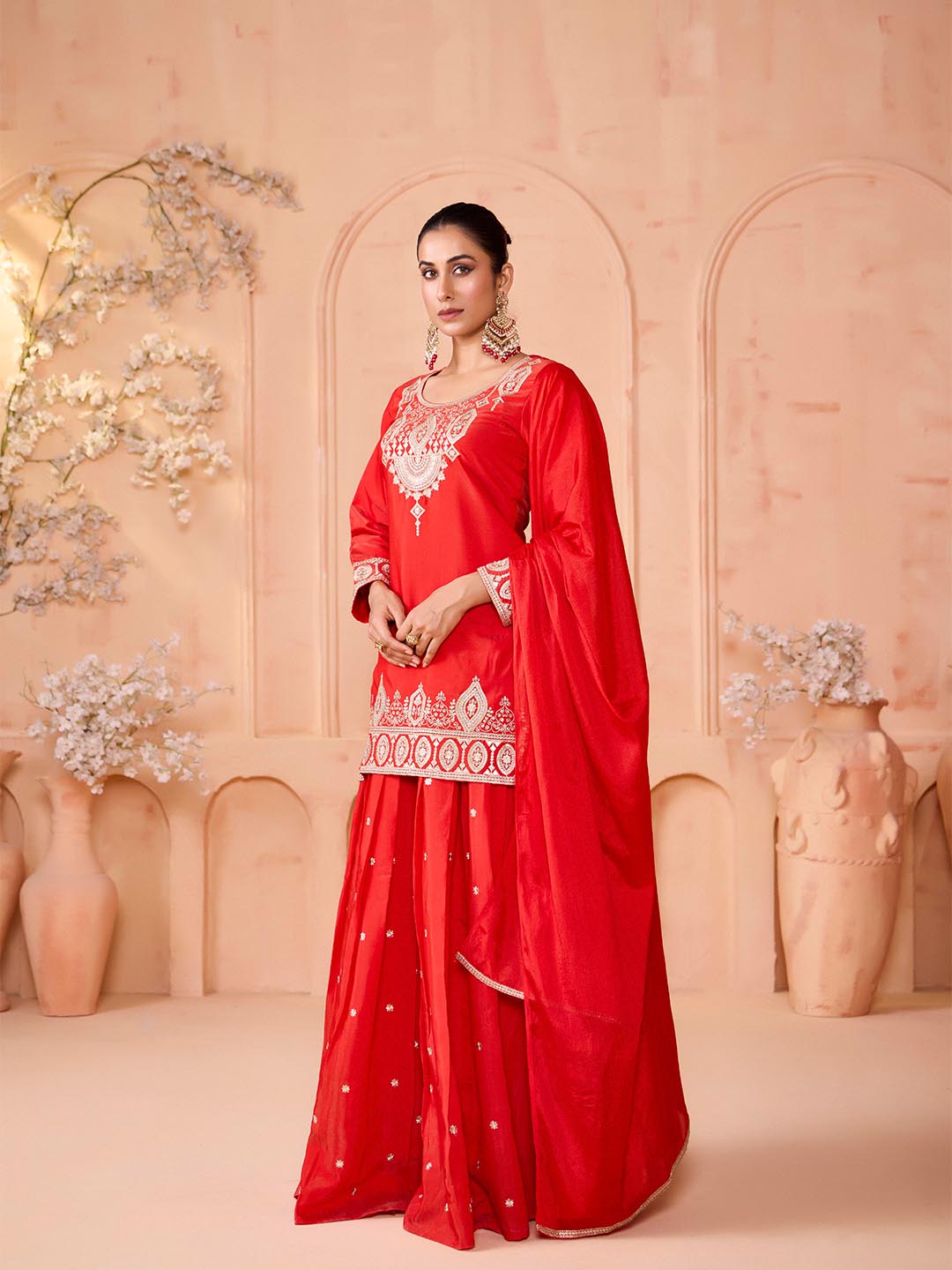 Madhuram Red Embroidered Georgette Kurti Skirt Dupatta Set for Women | Festive & Party Wear | V-Neck Straight Kurta Set