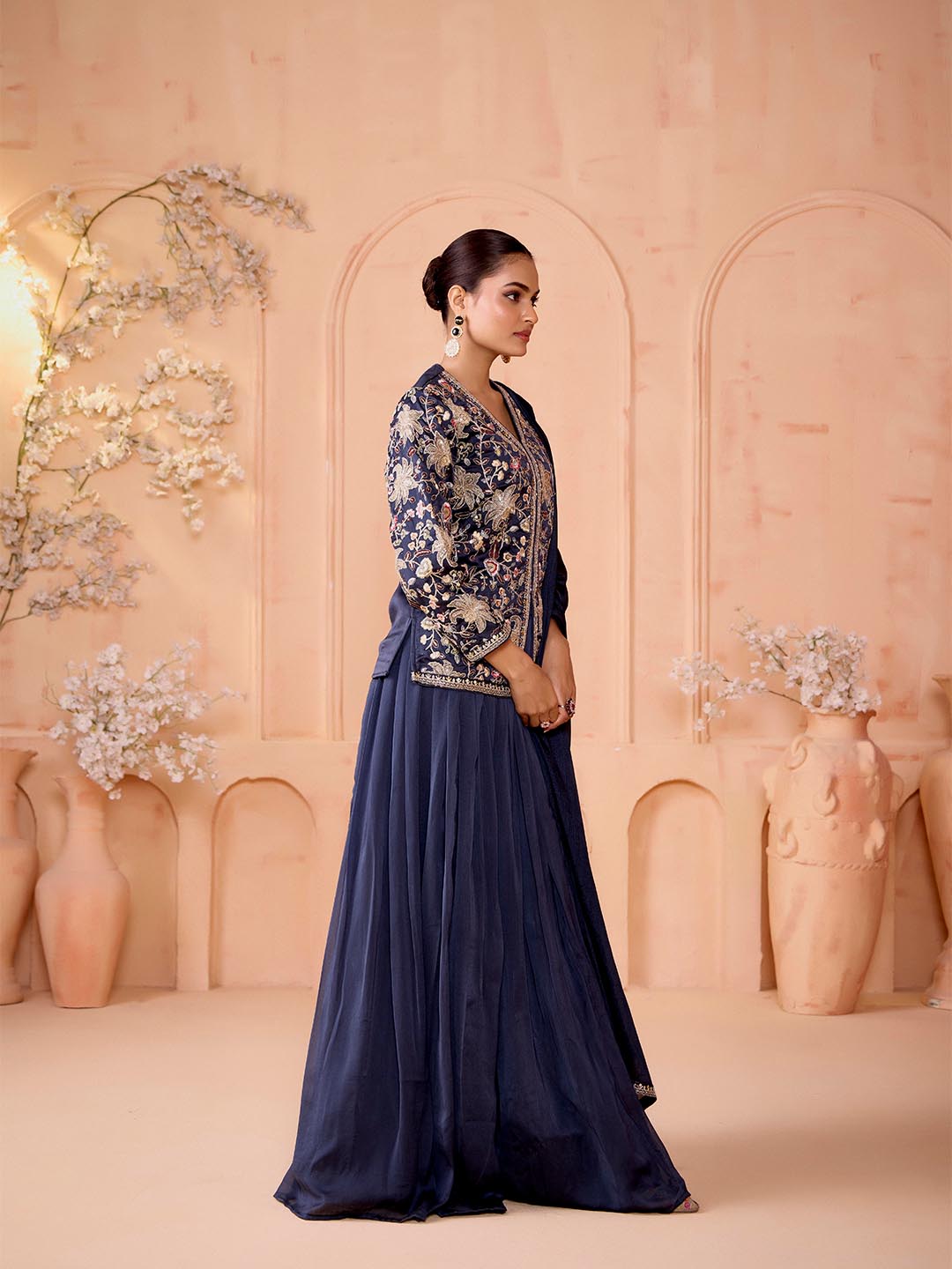 Madhuram Women’s Embroidered Silk Kurta Skirt Set with Dupatta – Navy Blue | M-2519
