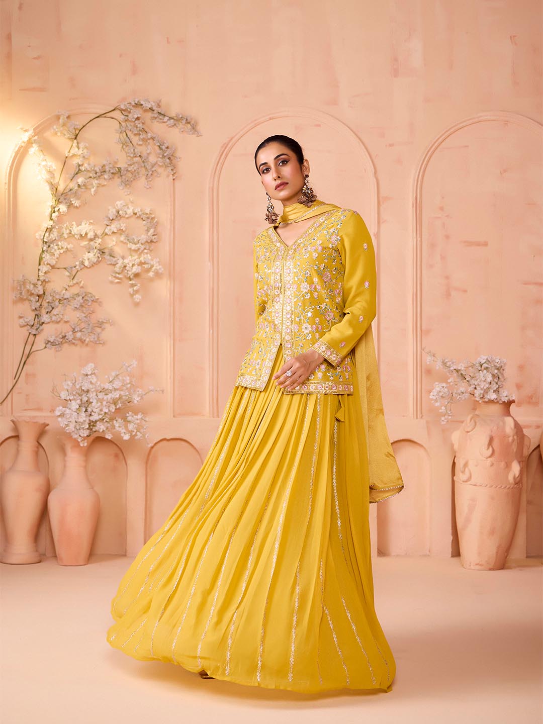 Madhuram Yellow Embroidered Georgette Kurti Skirt Dupatta Set for Women | Festive Partywear Ethnic Suit | M-2511