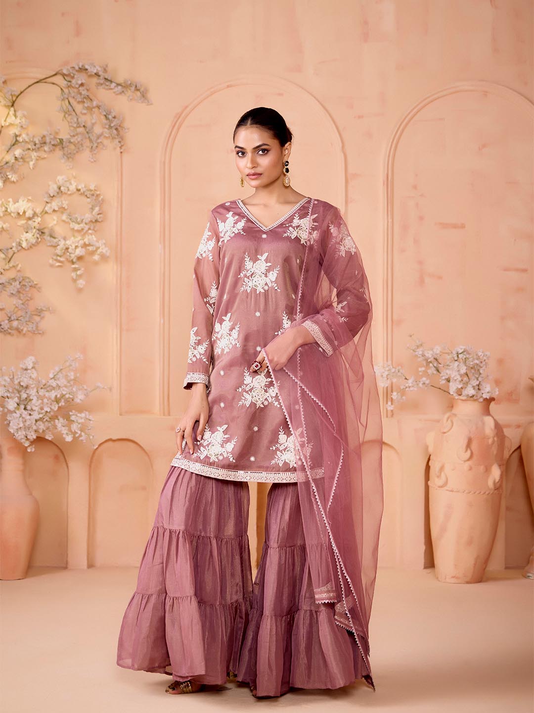 Madhuram Embroidered Georgette Kurti Sharara Set with Dupatta – Festive Ethnic Wear for Women