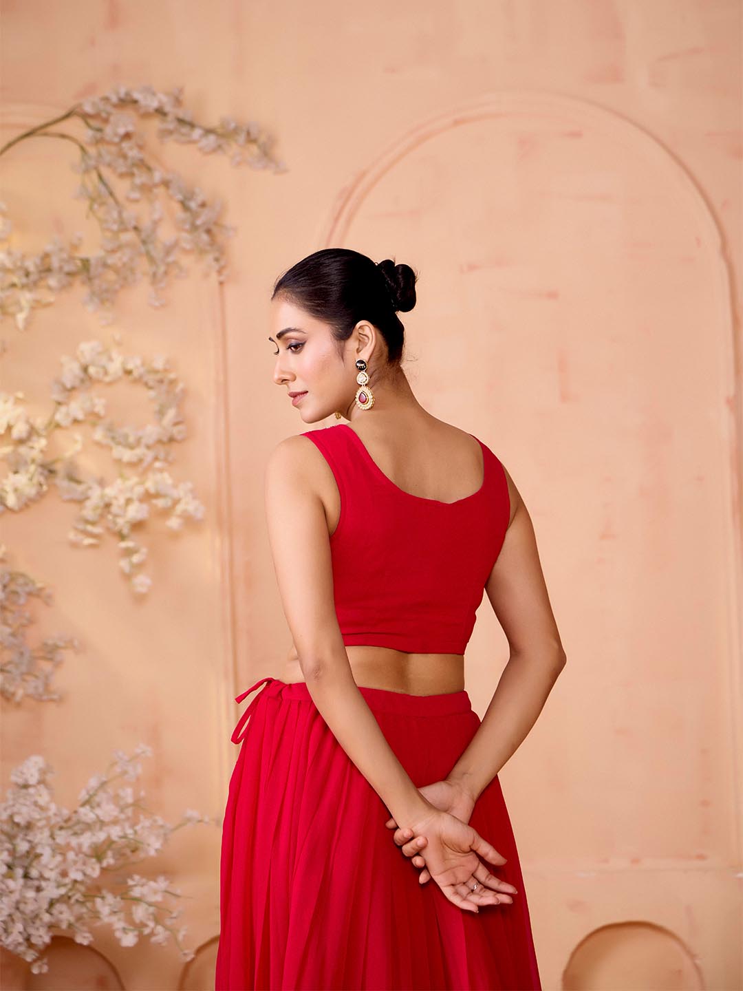 Madhuram Pink Embroidered Georgette Lehenga & Crop Top Set with Shrug | M-2515