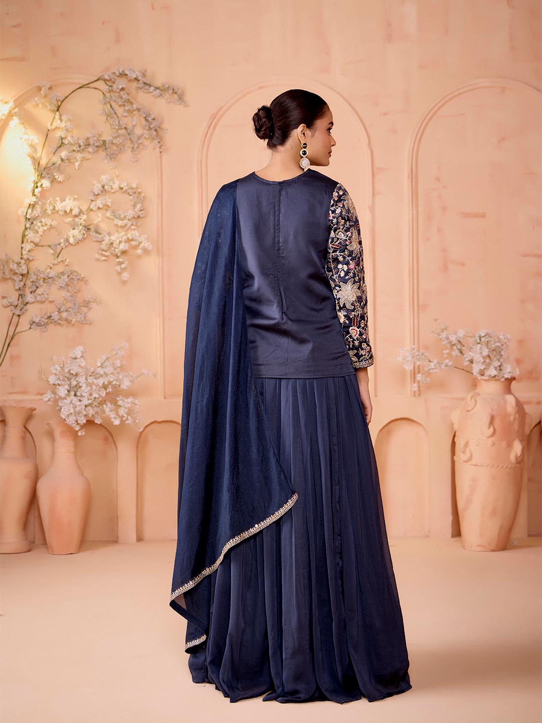 Madhuram Women’s Embroidered Silk Kurta Skirt Set with Dupatta – Navy Blue | M-2519