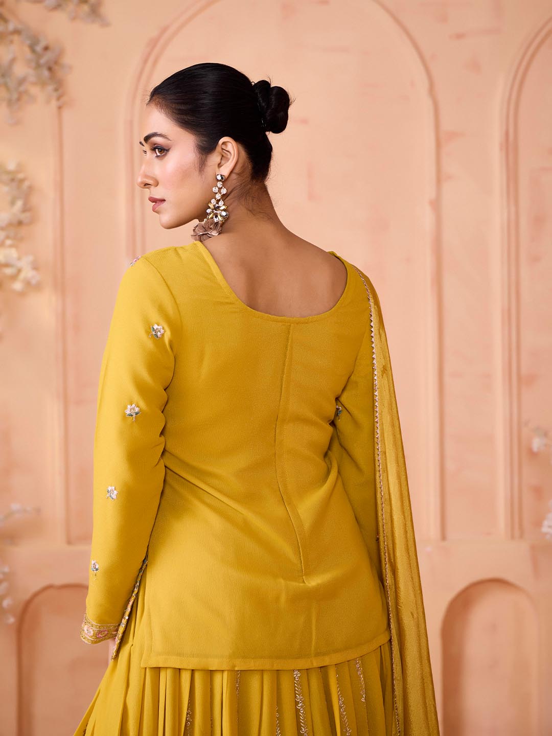 Madhuram Yellow Embroidered Georgette Kurti Skirt Dupatta Set for Women | Festive Partywear Ethnic Suit | M-2511