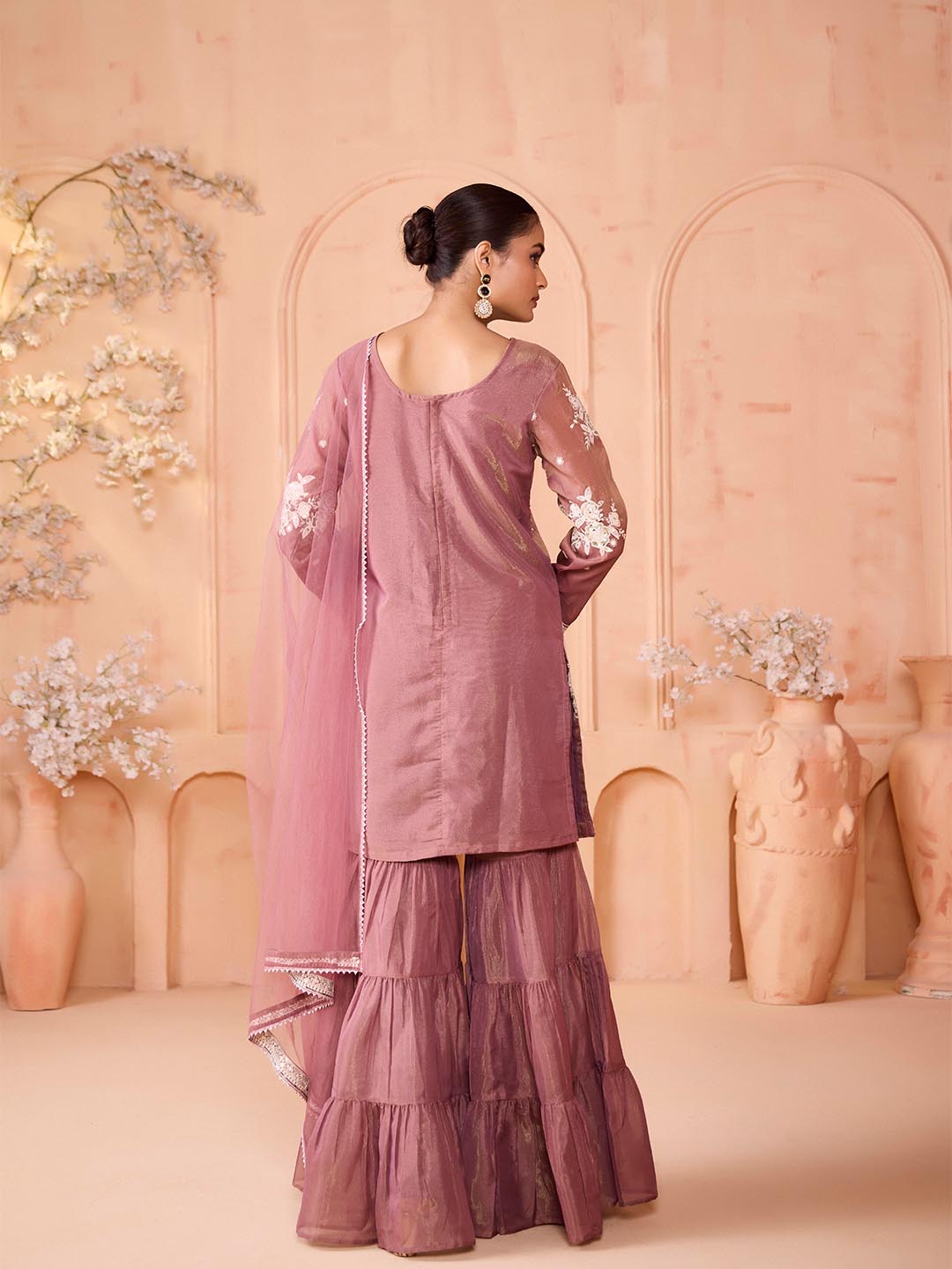 Madhuram Embroidered Georgette Kurti Sharara Set with Dupatta – Festive Ethnic Wear for Women