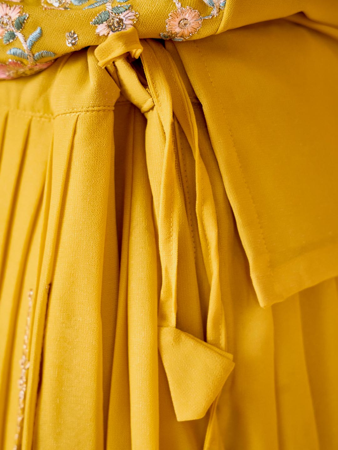 Madhuram Yellow Embroidered Georgette Kurti Skirt Dupatta Set for Women | Festive Partywear Ethnic Suit | M-2511