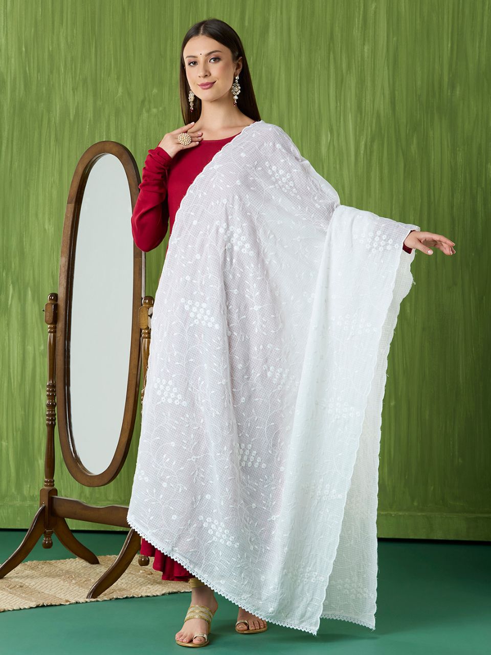 White Embroidered Pure Kota Cotton Dupatta with Scallops