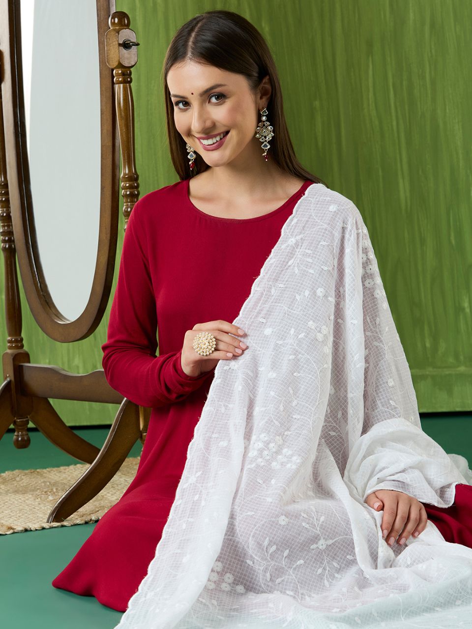 White Embroidered Pure Kota Cotton Dupatta with Scallops